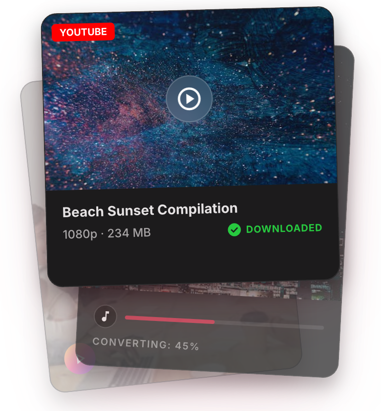 SSvid download cards showing videos from YouTube, TikTok and Instagram